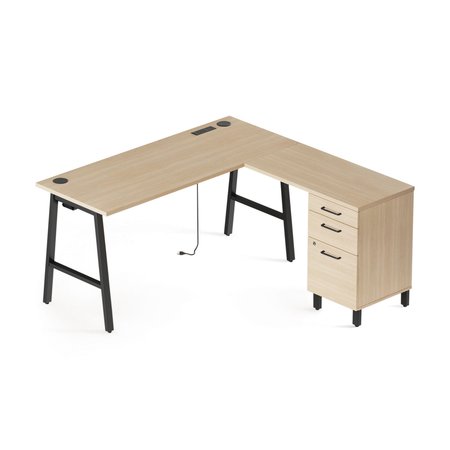 UNION & SCALE Single-Pedestal L-Shaped Desk with Integrated Power Management, 59.8x59.8x29.7, Natural Wood/Black UN60420-CC